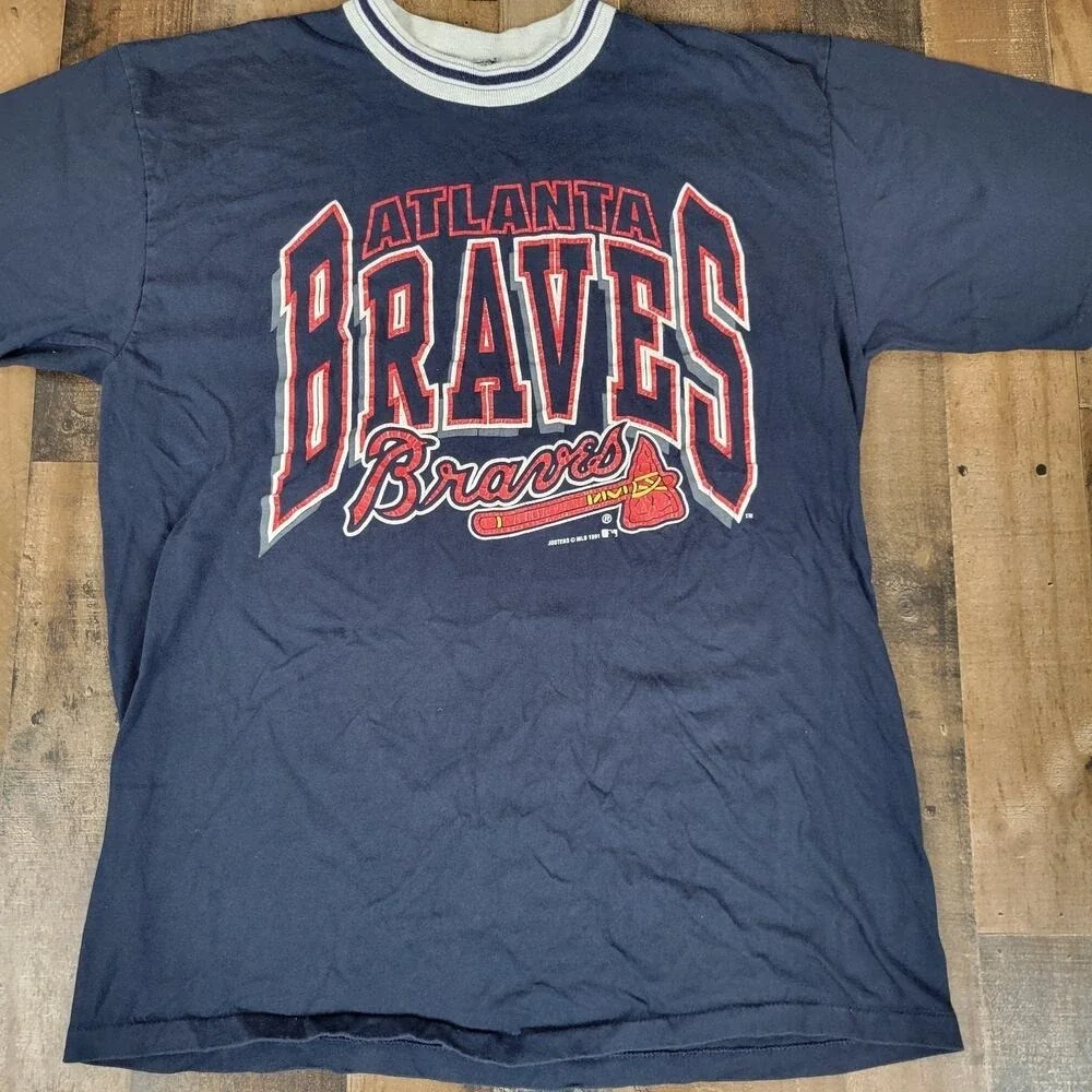 Atlanta Braves‎ Baseball MLB Jostens Vintage 90s Navy Single Stitch XL Shirt